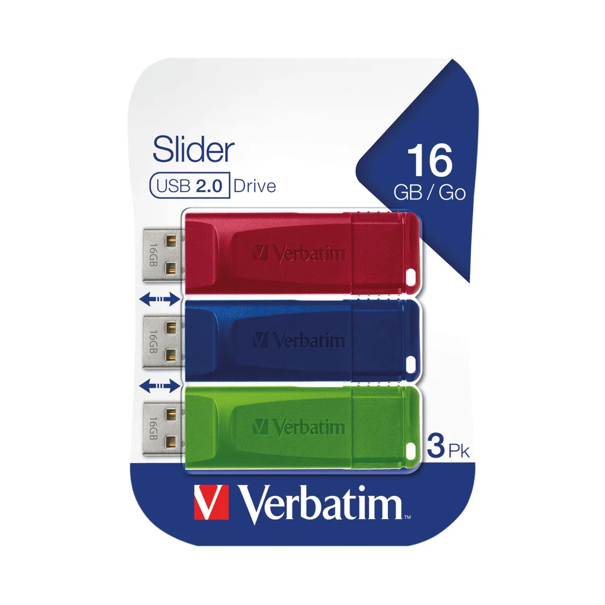Verbatim Slider Confezione multipla chiavette USB 16GB I USB 2.0 I 3 memorie USB I Laptop Notebook Ultrabook TV Autoradio I Penna USB 2.0 I Pendrive con funzione rilascio I Rosso Blu Verde