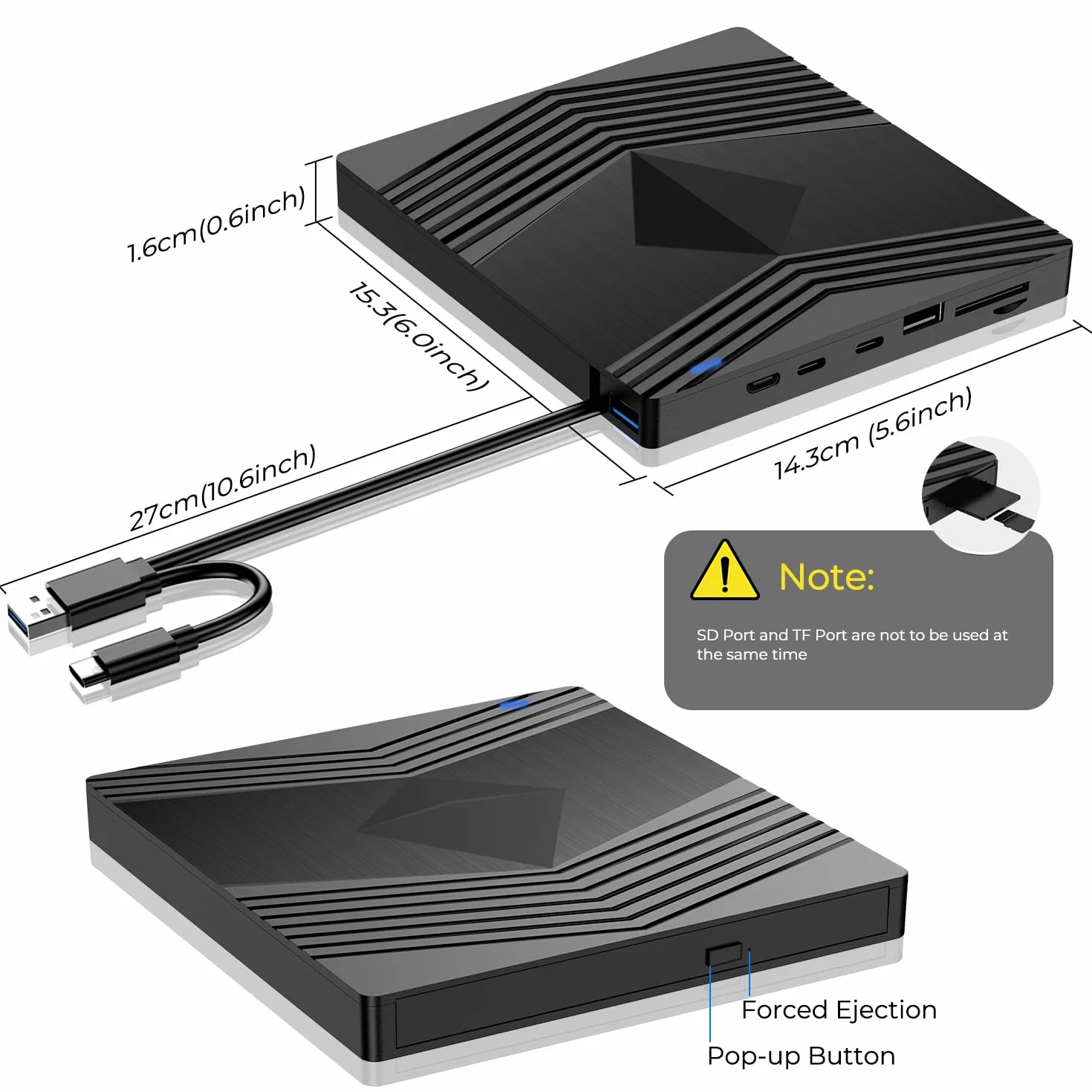 Lettore CD Esterno per PC Portatile, USB 3.0 Masterizzatore DVD CD Esterno con Lettore di Schede TF/SD, Lettore DVD per PC Laptop Mac Windows 11/10/8.1/7/XP/Vista Linux Macbook
