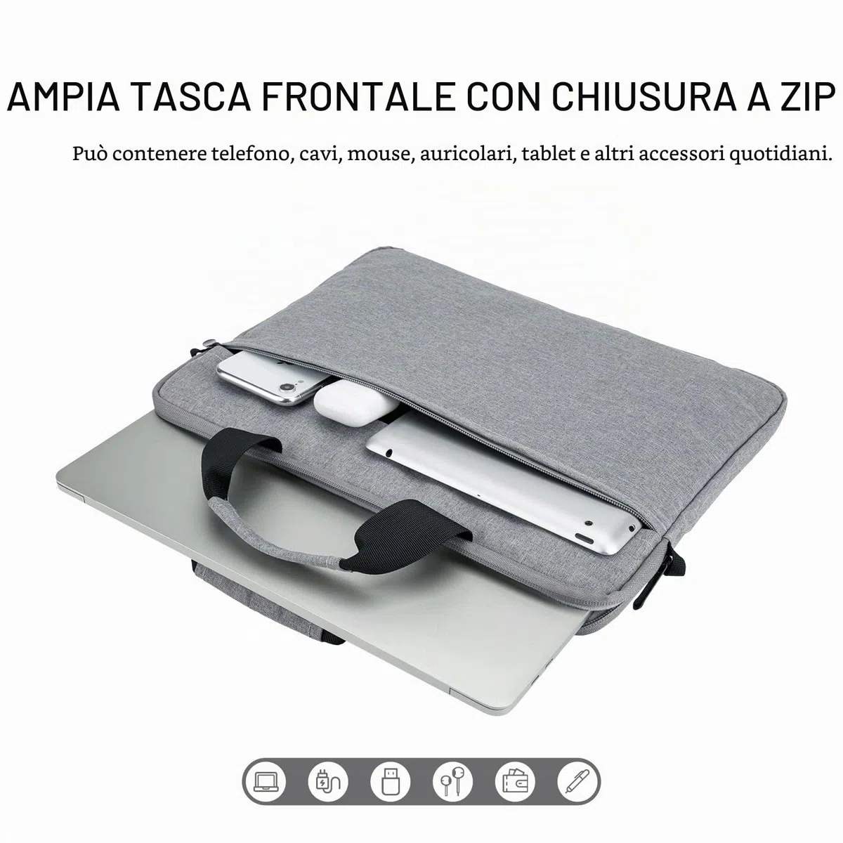 15 Borsa a tracolla per laptop da 15,6 pollici Uomo Donna, Custodia per il trasporto sottile impermeabile Borsa portatile per Acer/Asus/Dell/HP, Grigio