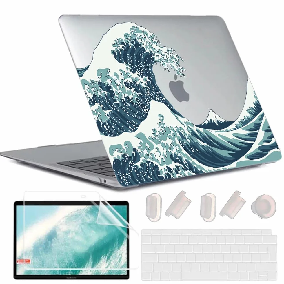 4 in 1 Custodia per MacBook Air 13 Pollici 2020 2019 2018 Modello A2337 M1/A2179/A1932, Plastica Case Rigida & Tastiera Cover & Proteggi Schermo per MacBook Air 13,3, Onde Giapponesi