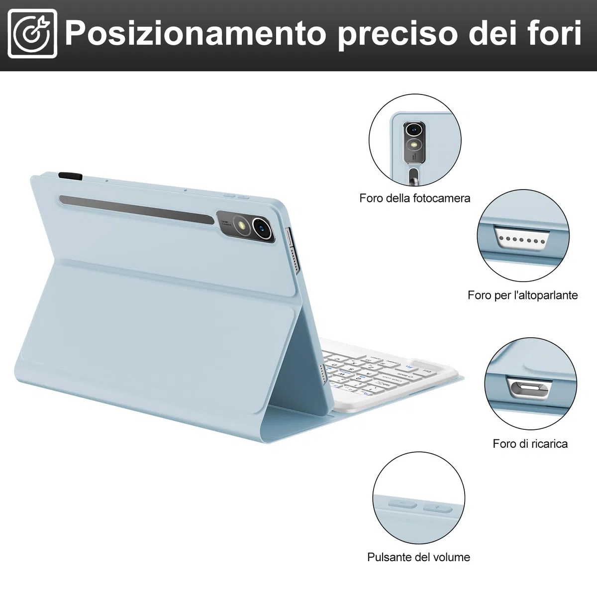 IVEOPPE Tastiera per Lenovo Tab P12 12.7" 2023, Cover Custodia Cover Tastiera Layout Italiano Rimovibile Bluetooth per Lenovo Tab P12 12.7 Pollici 2023 TB370FU, Blu cielo