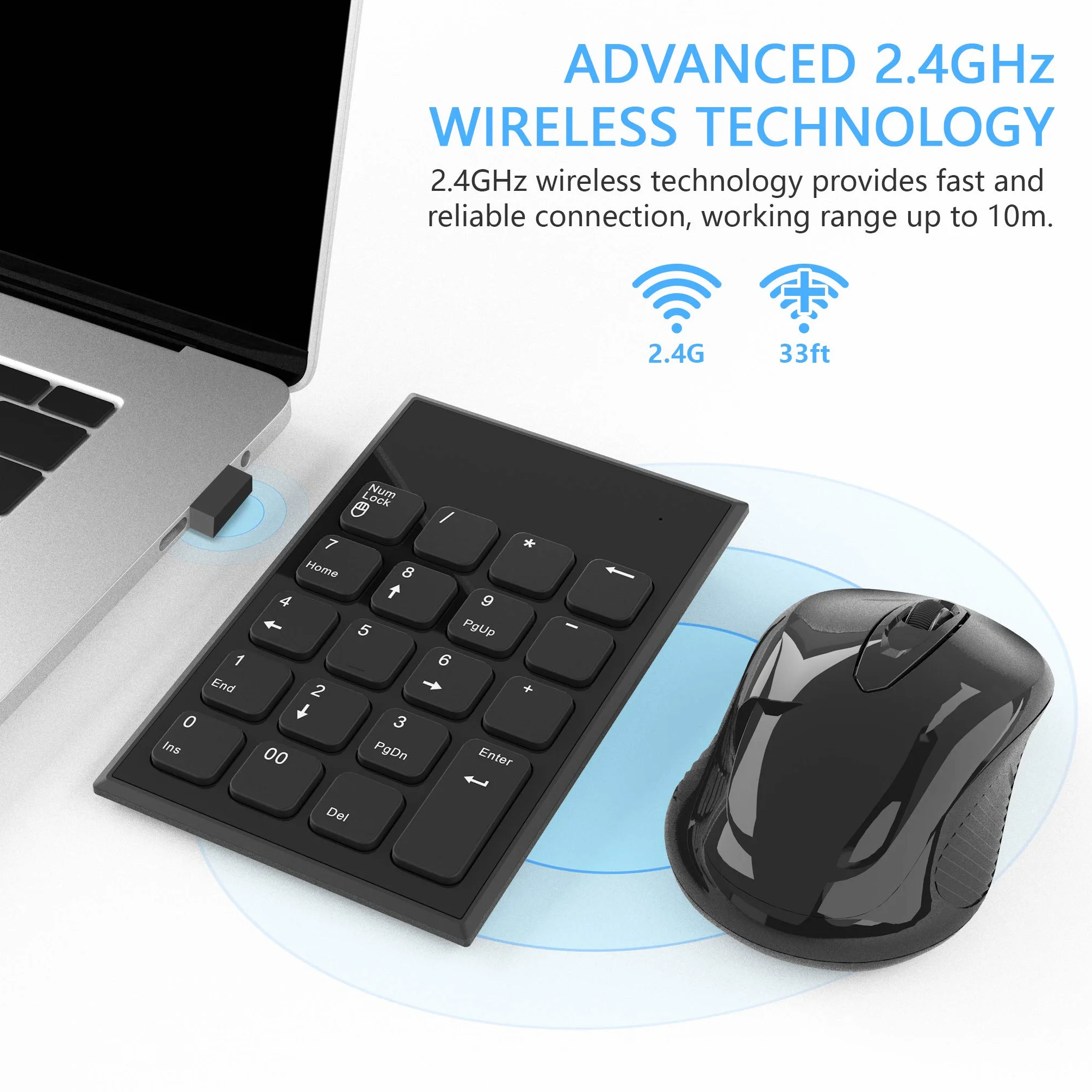 Wireless Tastierino Numerico e Mouse Combinazione, Yeemie Pro 2.4G Tastierino Numerico USB Ultra Sottile Portatile e Mouse per Laptop, Notebook, Desktop, Computer PC - Solo un Ricevitore USB
