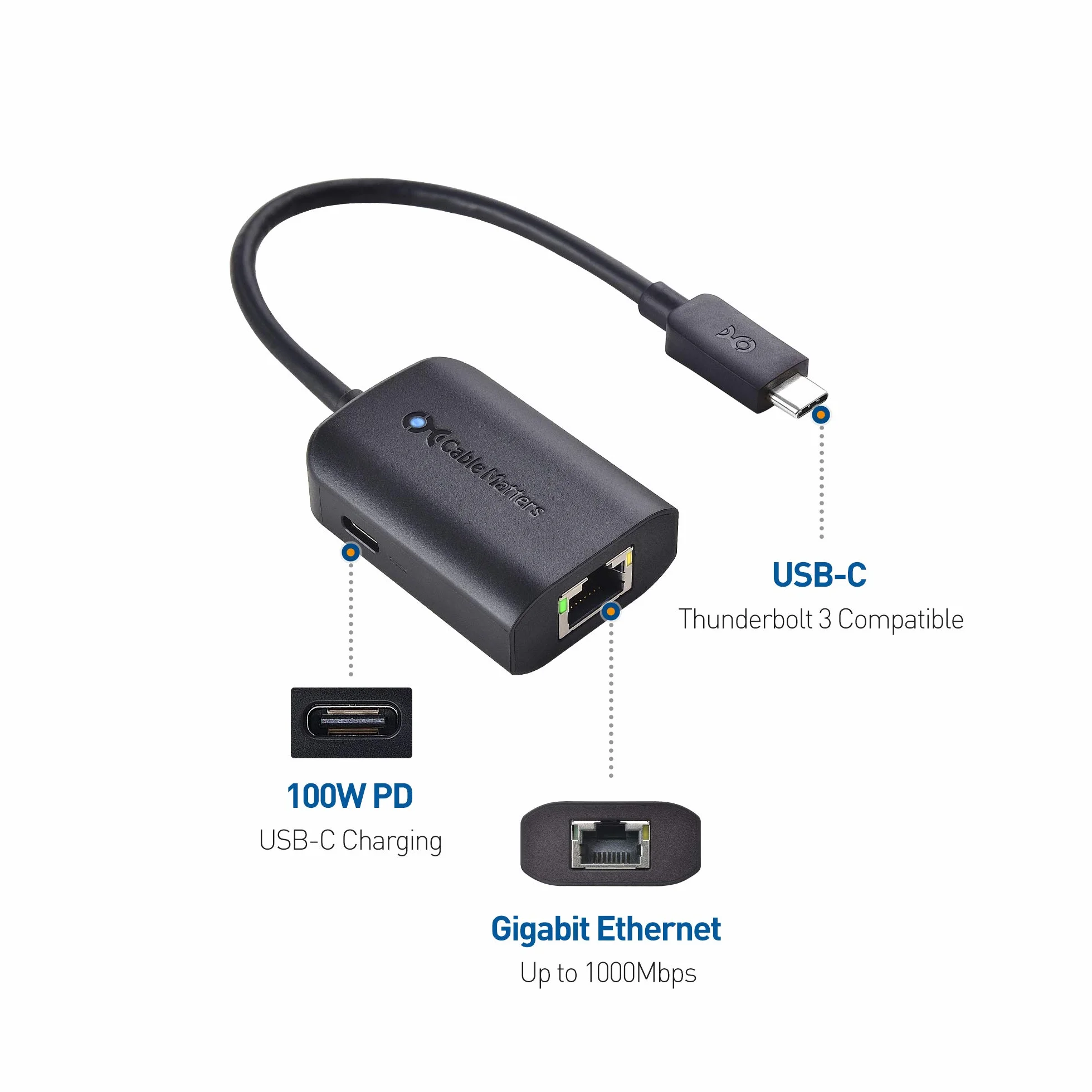 Cable Matters Adattatore da USB C a Gigabit Ethernet con ricarica da 100 W - Velocità Ethernet cablata fino a 480 Mbps per Chromecast con Google TV (versione Google TV Chromecast 2020), laptop e altro