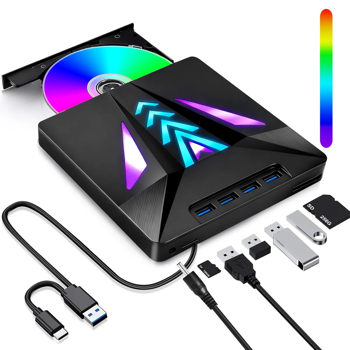 Lettore CD/DVD Esterno per PC Portatile, Masterizzatore DVD Esterno Unità Esterna CD/DVD Velocità 5 Gbps 4 Porte USB 3.0 -/+RW/ROM per Windows 11/10/8/7/XP/Vista, Linux, MacOS, Laptop, Desktop