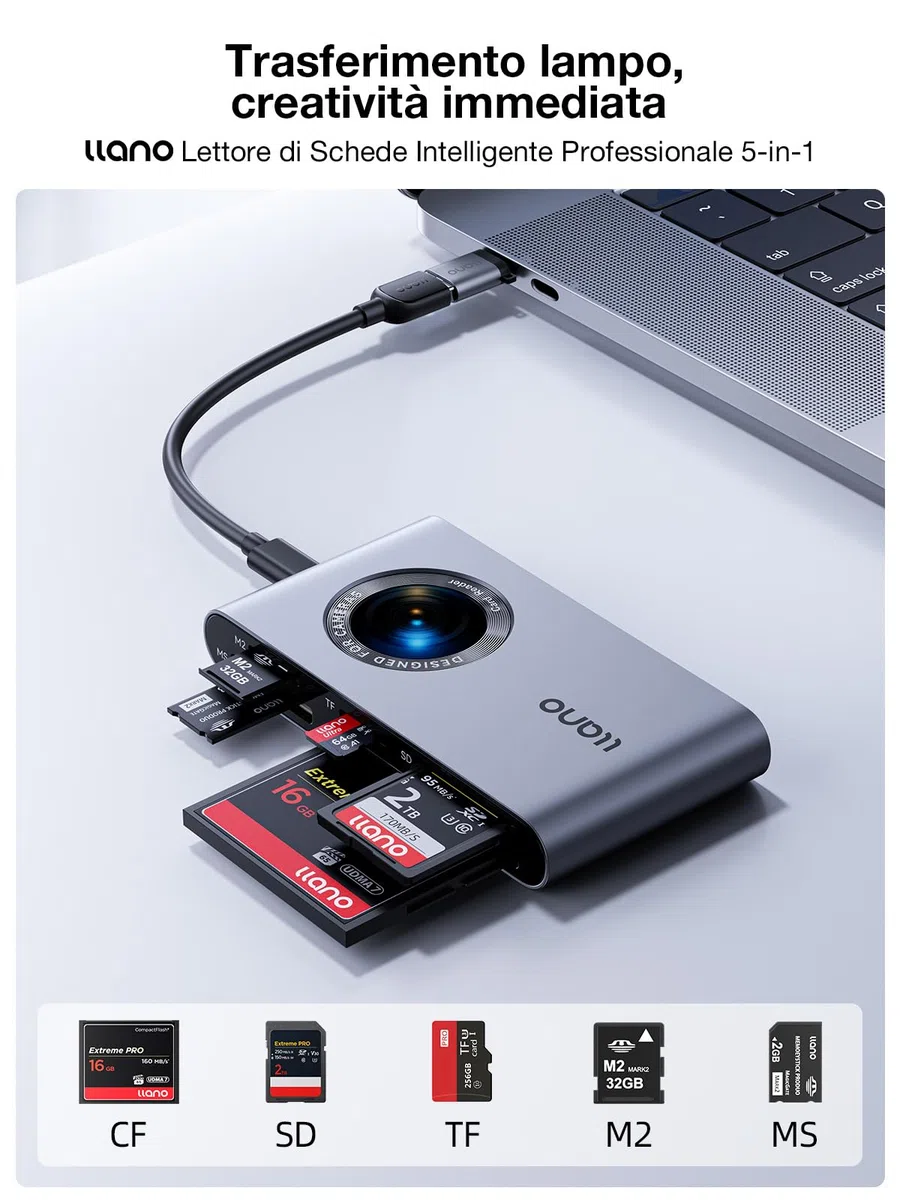 llano Lettore di Schede 5-in-1 USB-C per Micro-SD, Compatibile con SD/TF/MS/CF/M2, Plug & Play, Legge e Scrive 4 Schede Contemporaneamente, Compatibile con Windows/Linux/macOS/Chrome OS