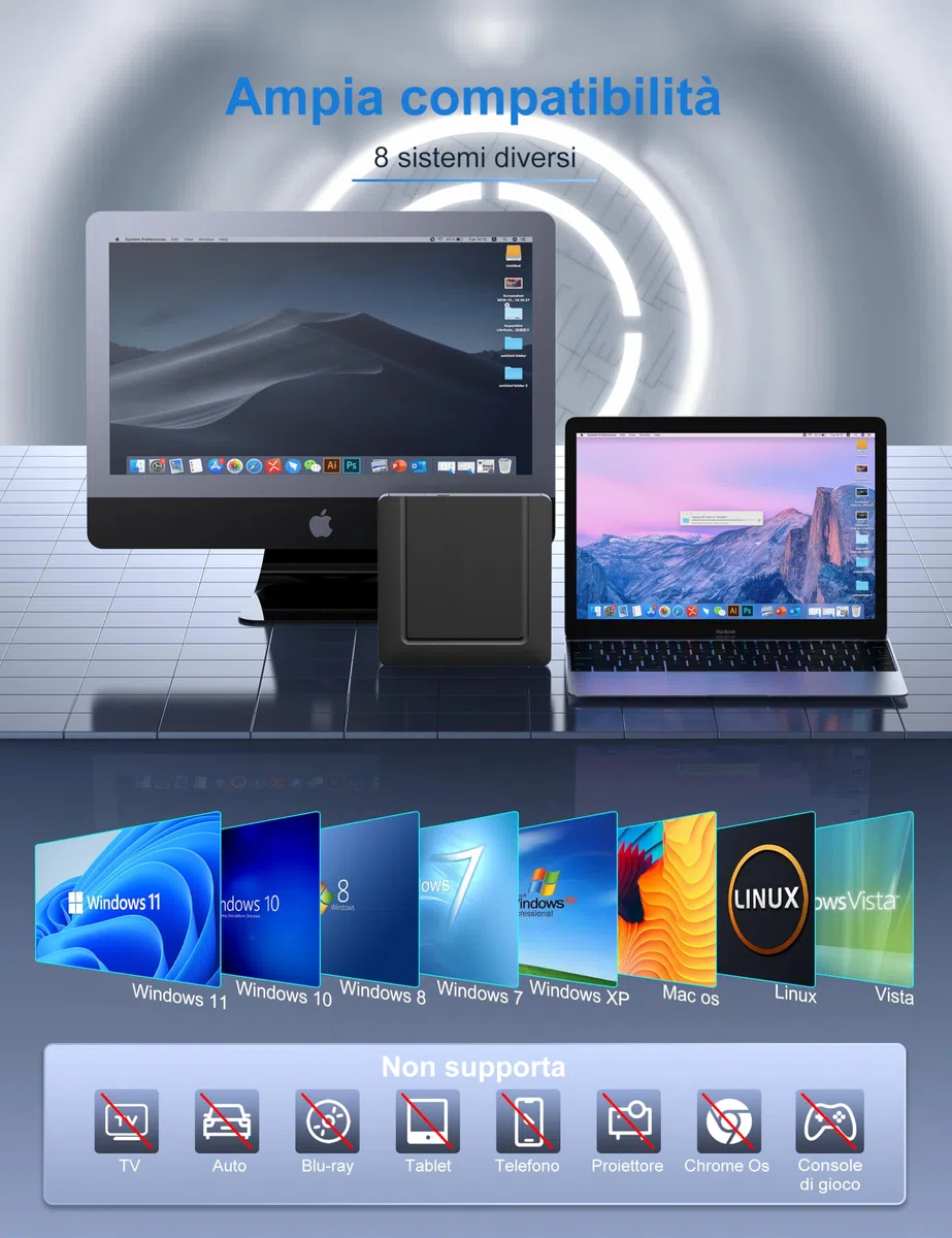 Lettore DVD CD Esterno per PC Portatile, Supersottile Masterizzatore CD/DVD +/-RW Drive CD ROM Unità DVD Esterne per Windows 11/10/8.1/7/XP/Vista/Linux/MacOS/Linux/Laptop/Desktop