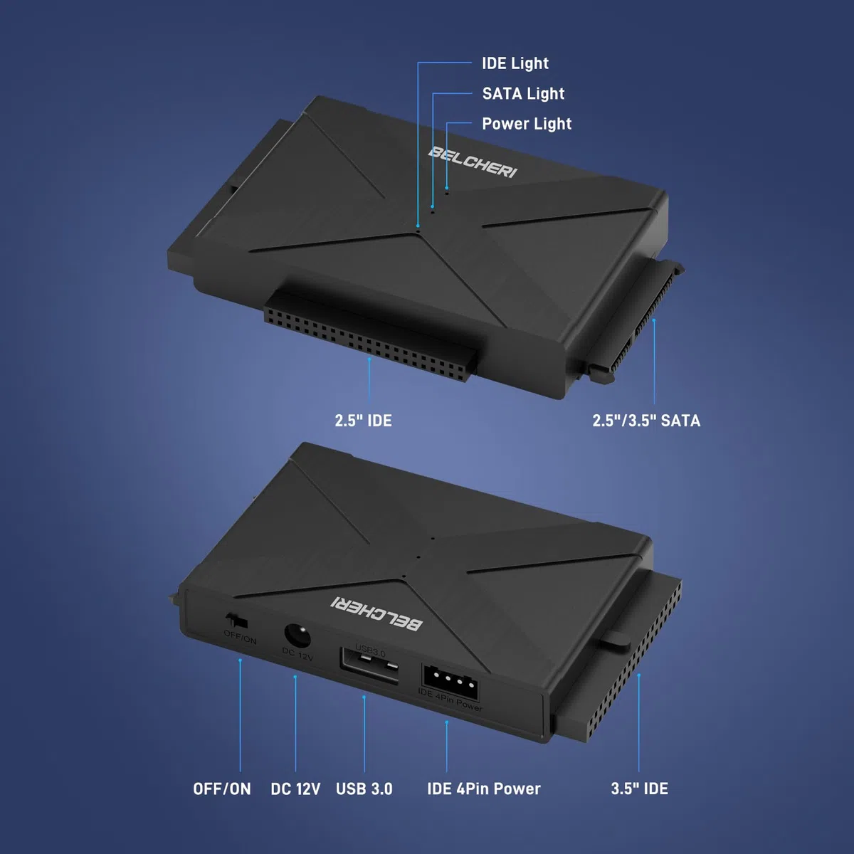 Adattatore USB 3.0 a IDE e SATA, Adattatore per Disco Rigido Esterno Universale da 2,5 o 3,5 Pollici SATA o IDE HDD SSD, Convertitore IDE e SATA con Adattatore di Alimentazione da 12V
