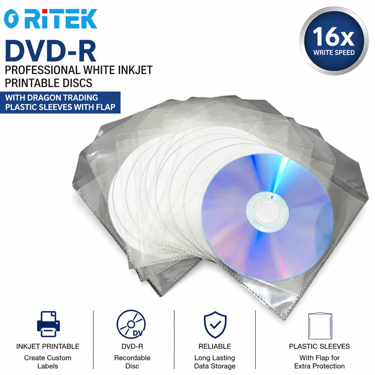 Ritek - DVD-R bianco professionale stampabile a getto d'inchiostro, registrabili, con una velocità di scrittura di 16x, in custodie di plastica Dragon Trading con patta (confezione da 20)