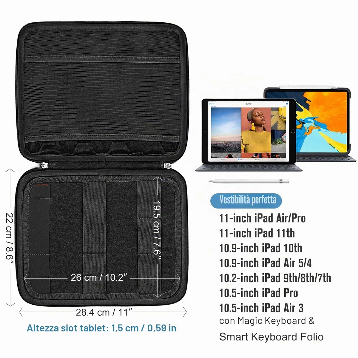 FINPAC Portfolio Borsa per 11" iPad Pro M5/M4 & iPad Air M4 M3 M2 2026-2024, 11" iPad 11 A16 2025, 10,9" iPad Air 5/iPad 10, Tablet Idrorepellente Rigida Custodia con Organizer Supporto per Accessori