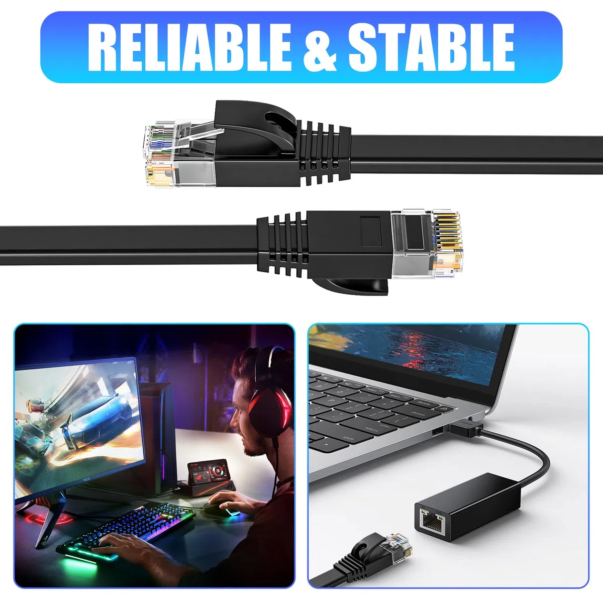 ikbc Cavo Ethernet 25 metri, Cavo Rete Cat 6 25 metri Alta Velocità, Piatto RJ45 Cavo Internet 25 m Nero, Gigabit Cavo Lan per Interno, Compatibile con PS5/PS4 Router Modem (25 Fermacavo)