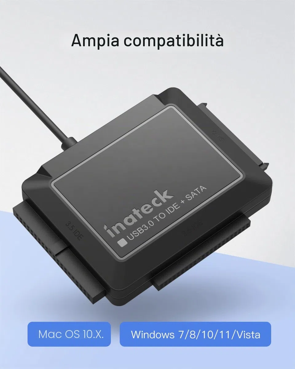 Inateck USB 3.0 a IDE/SATA Lettore di Dischi rigidi Esterni Applicabile a HDD/SSD da 2,5"/3,5", Adattatore da IDE a USB con Alimentatore 12V/2A, SA03001