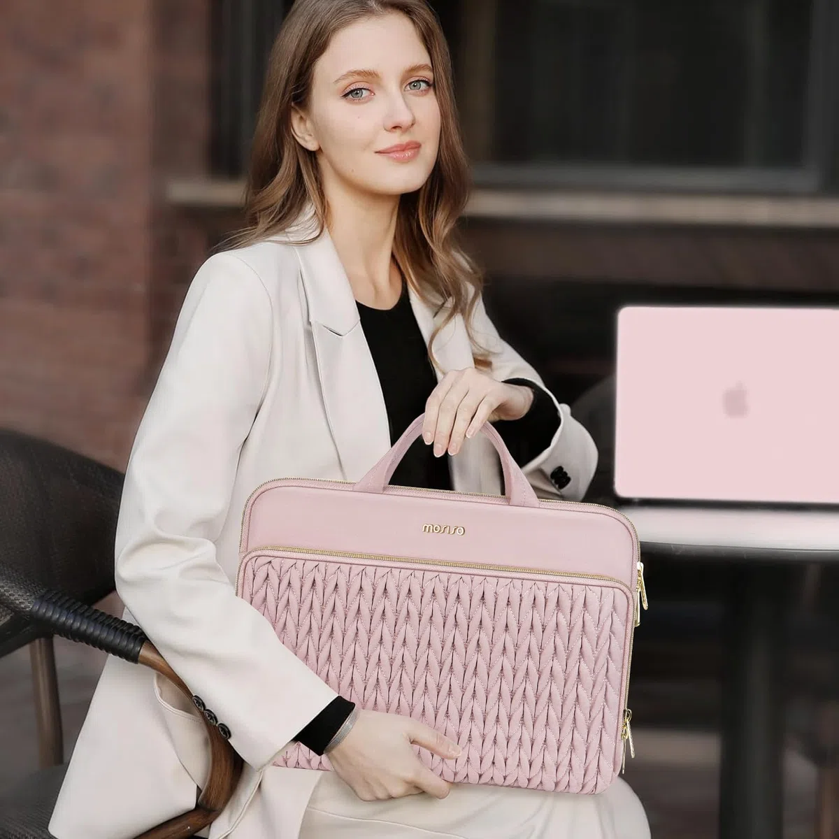 MOSISO 16 pollici Custodia Laptop,15-15.6 pollici Borsa PC Compatibile con MacBook Pro 16 M4 M3 M2 M1,HP Dell Acer Lenovo ASUS Notebook,Spiga Grano Borse Carry Trapuntata con Manic&Tasca, Rosa