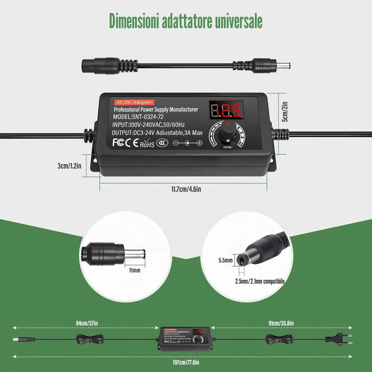 24 V Alimentatore Universale 72 W AC/DC Adattatore di Alimentazione Regolabile con 14 punte DC e Cavo di polarità inversa Caricabatterie universale per elettronica, 3000 mA Max.