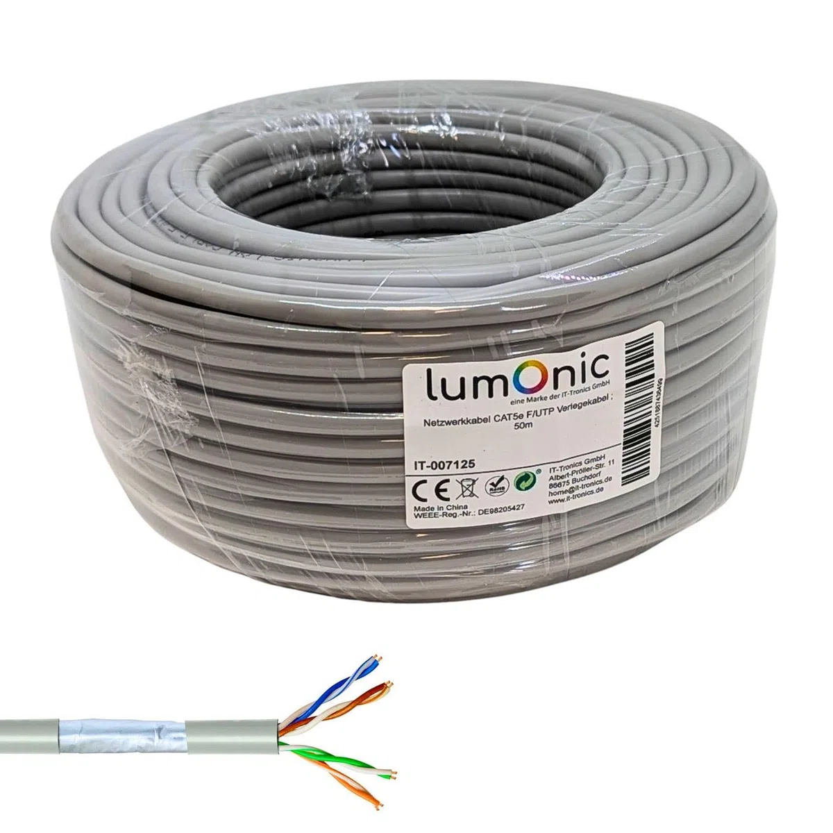 Lumonic 50m Cavo di rete CAT 5e F/UTP I CAT5e-cavo, Gigabit Lan Cavo, Ethernet Cavo I Flexibles Verlegekabel geschirmt, per uso interno fino a 100 MHz