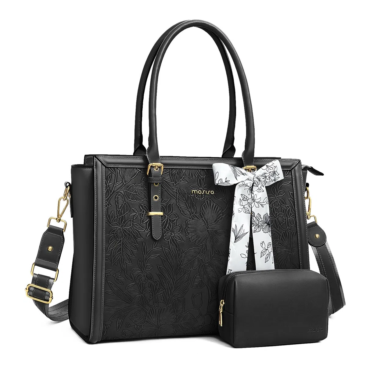 MOSISO Borsa Tote Laptop Donna,17-17,3 Pollici PU Pelle,Compatibile con MacBook,HP,Dell,Asus Notebook,Borsa Computer con Stampa Frontale Rilievo Ibisco Retro, Sciarpa Seta e Pochette,Nero