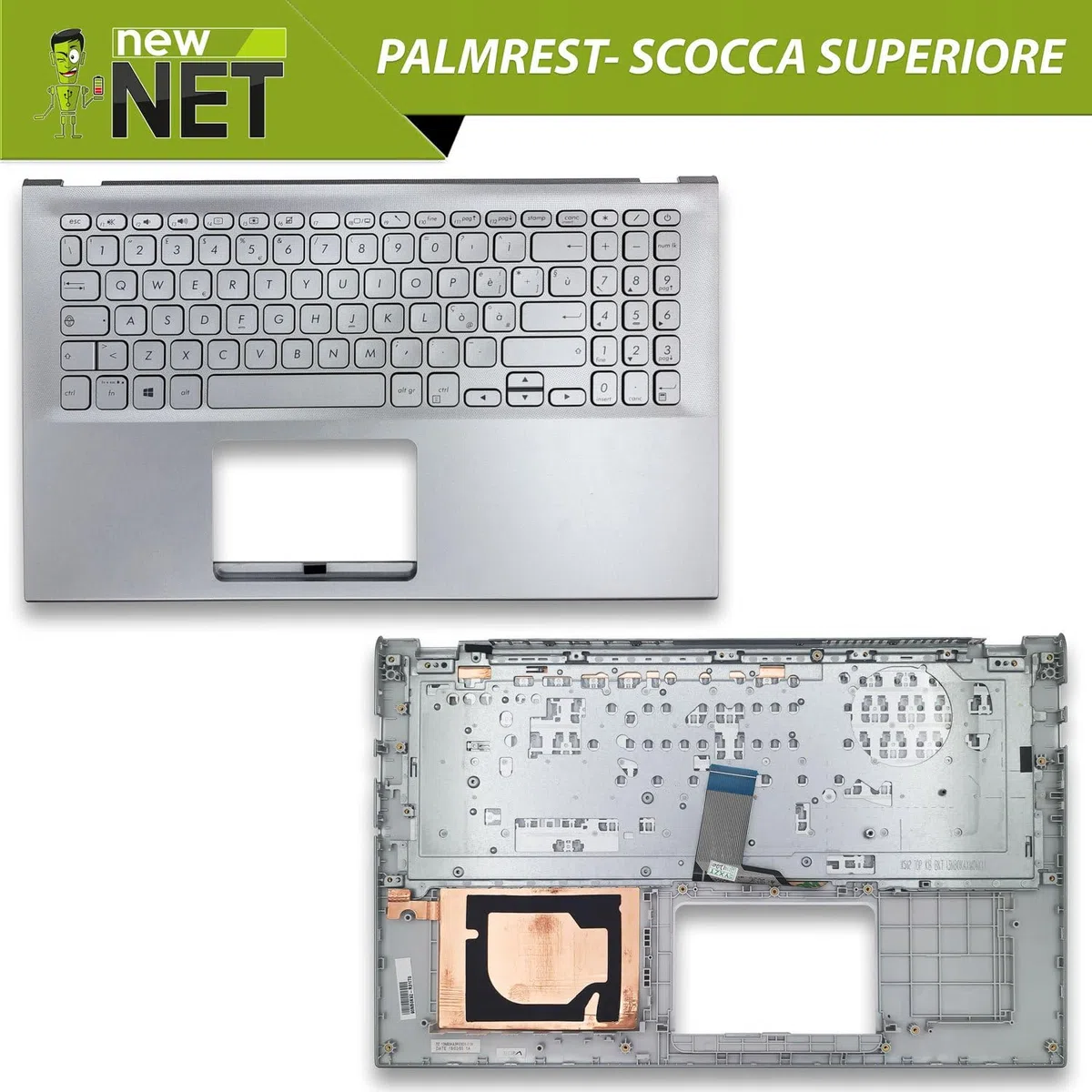 new net - Top Case Palmrest con Tastiera Compatibile con ASUS F512D, F512DA, F512FA, F512FB, F512U, F512UA [Frame Argento - Senza touchpad - Layout ITA]