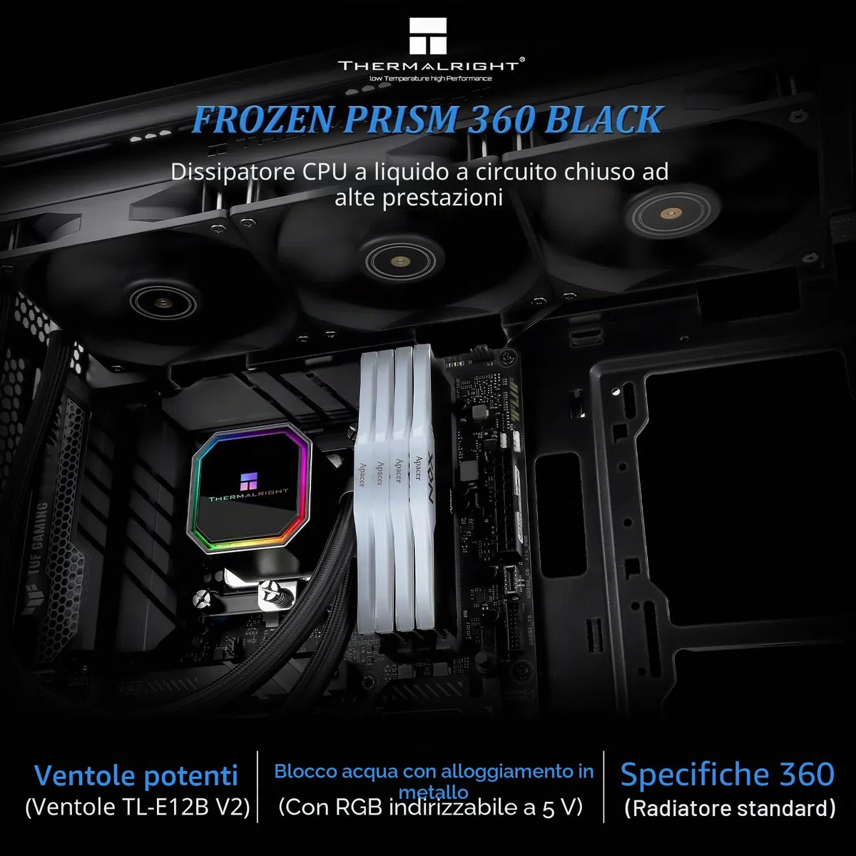 TR Frozen Prism 360 Nero Refrigeratore a liquido per CPU con ventilatore PWM da 120mm, Dissipatore di calore per raffreddamento ad acqua integrato per AMD/AM4/AM5, INTEL 1700/1150/1151/1200/2011
