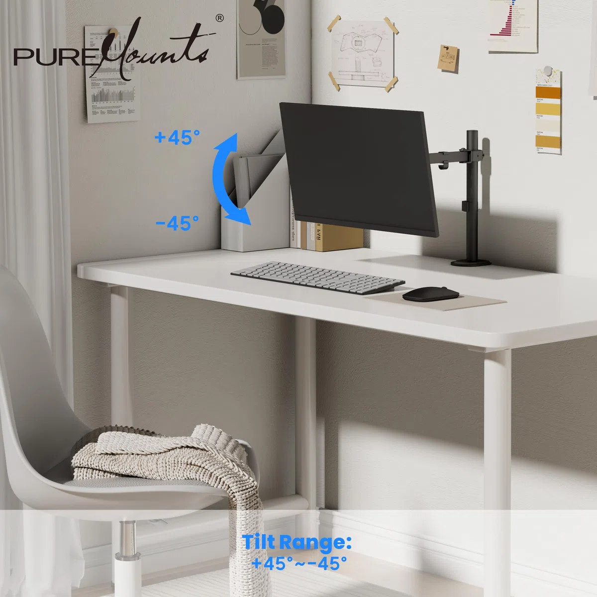PureMounts supporto per monitor, per 1 schermo, 17 a 32 pollici, regolabile in altezza, inclinabile di +45°/-45°, orientabile con braccio girevole di 90°/-90°, VESA 100, supporto da tavolo, nero