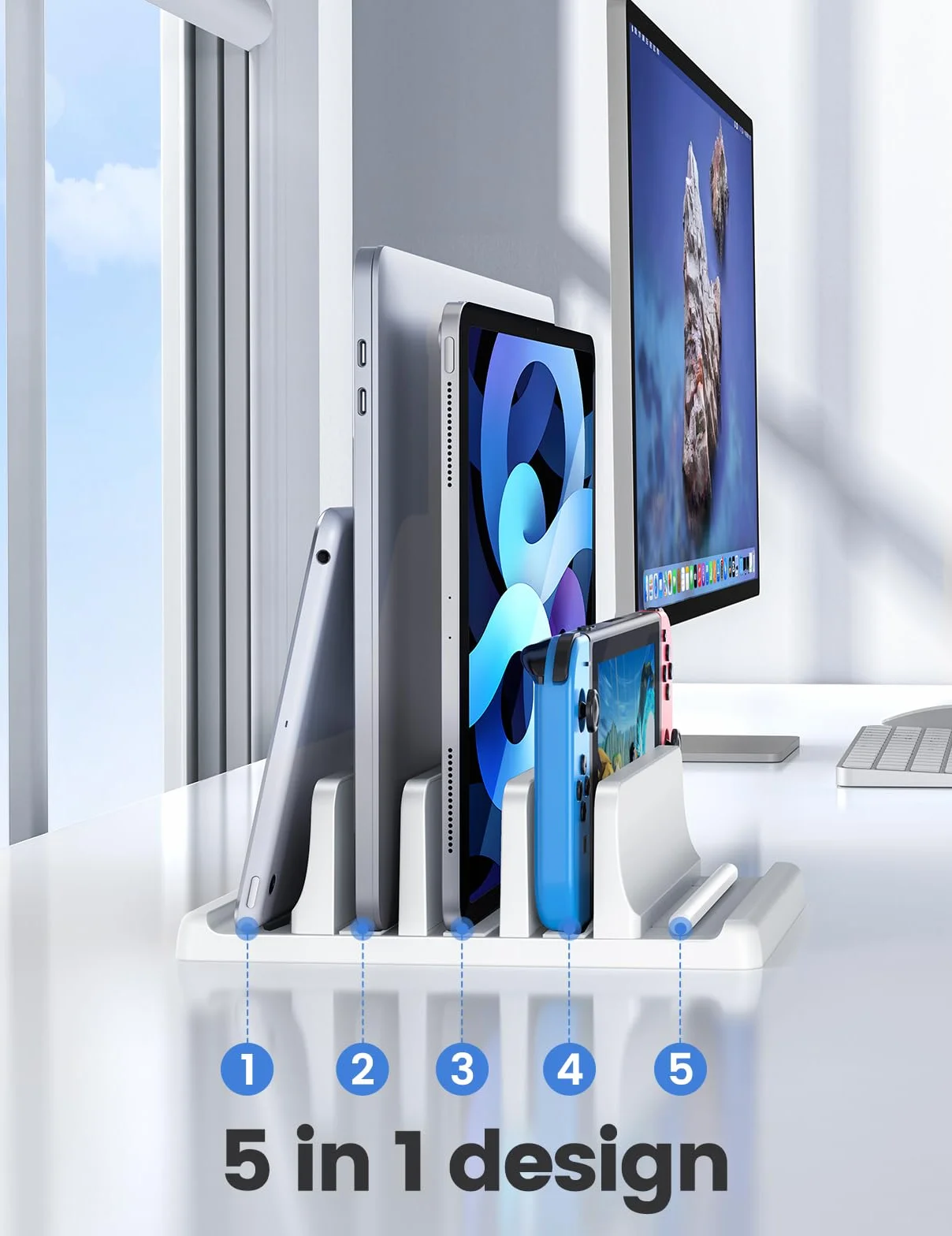 VAYDEER Supporto verticale per laptop, supporto verticale 3 in 1 salvaspazio per posizionamento verticale, compatibile con MacBook Air, MacBook Pro, iPad, tablet notebook fino a 17,3 pollici, bianco