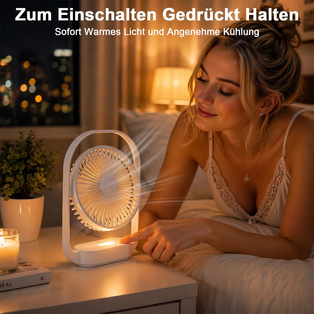 SURFOU Ventilatore da Tavolo 4000mAh, Senza Fili, 4 Velocità, 2 Modalità Luce Notturna, Ricaricabile USB-C, Fino a 20 Ore di Autonomia, Silenzioso, per Camera, Comodino, Ufficio e Viaggi (Bianco)