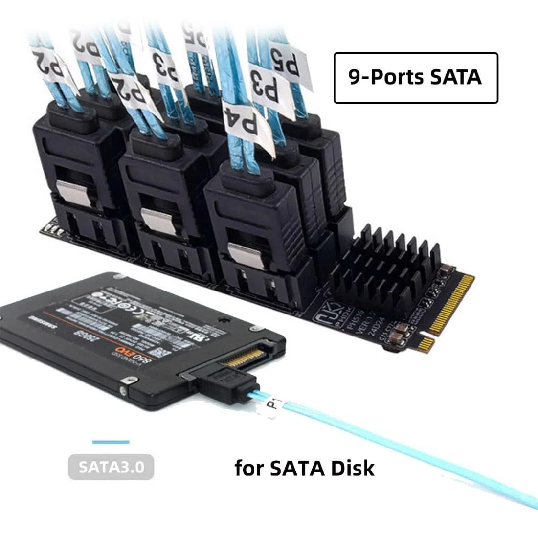 chenyang Adattatore da 9 porte M.2 a SATA 3.0, adattatore PCIe 3.0 a SATA III da 6 Gbps con spia intelligente