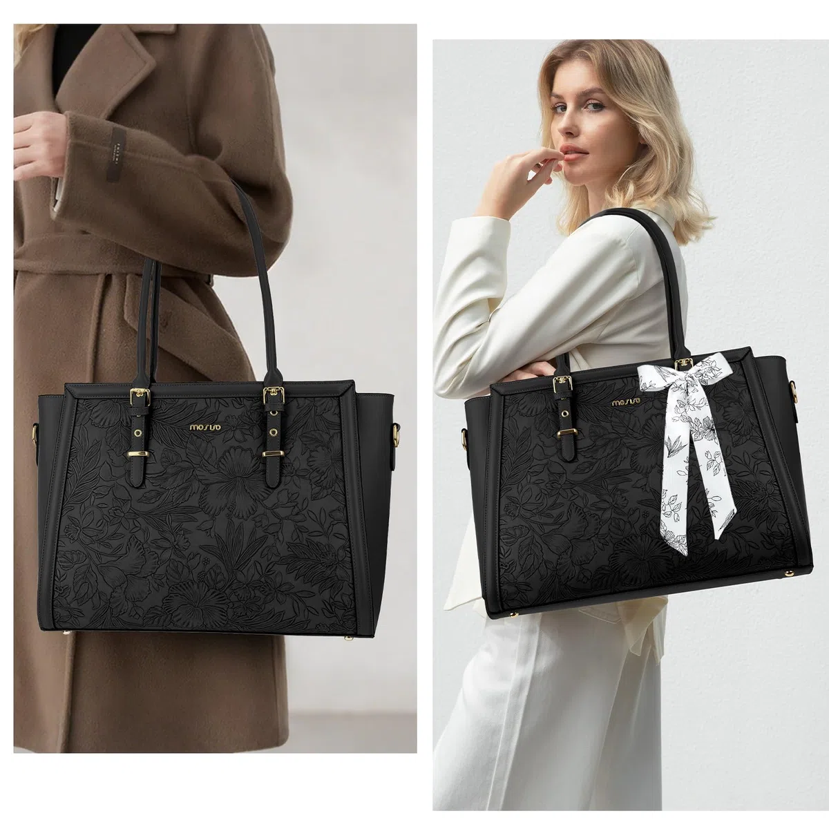 MOSISO Borsa Tote Laptop Donna,17-17,3 Pollici PU Pelle,Compatibile con MacBook,HP,Dell,Asus Notebook,Borsa Computer con Stampa Frontale Rilievo Ibisco Retro, Sciarpa Seta e Pochette,Nero