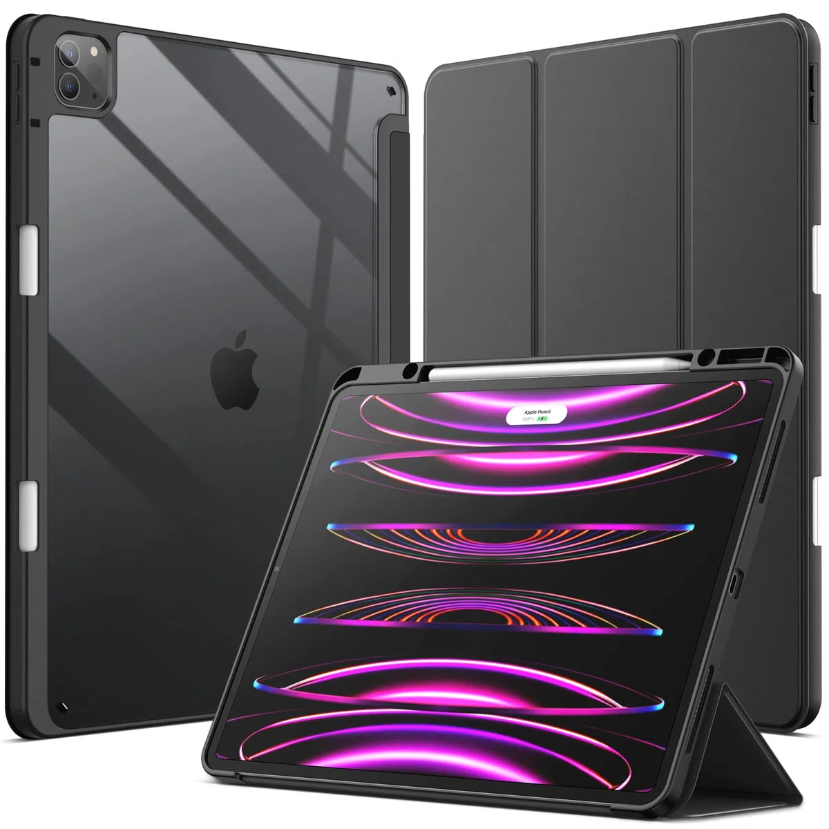 JETech Custodia per iPad Pro 12,9 Pollici (2022/2021/2020/2018) con Portapenne, Posteriore Chiaro Trasparente Supporto Sottile per Tablet Cover Antiurto (Nero)