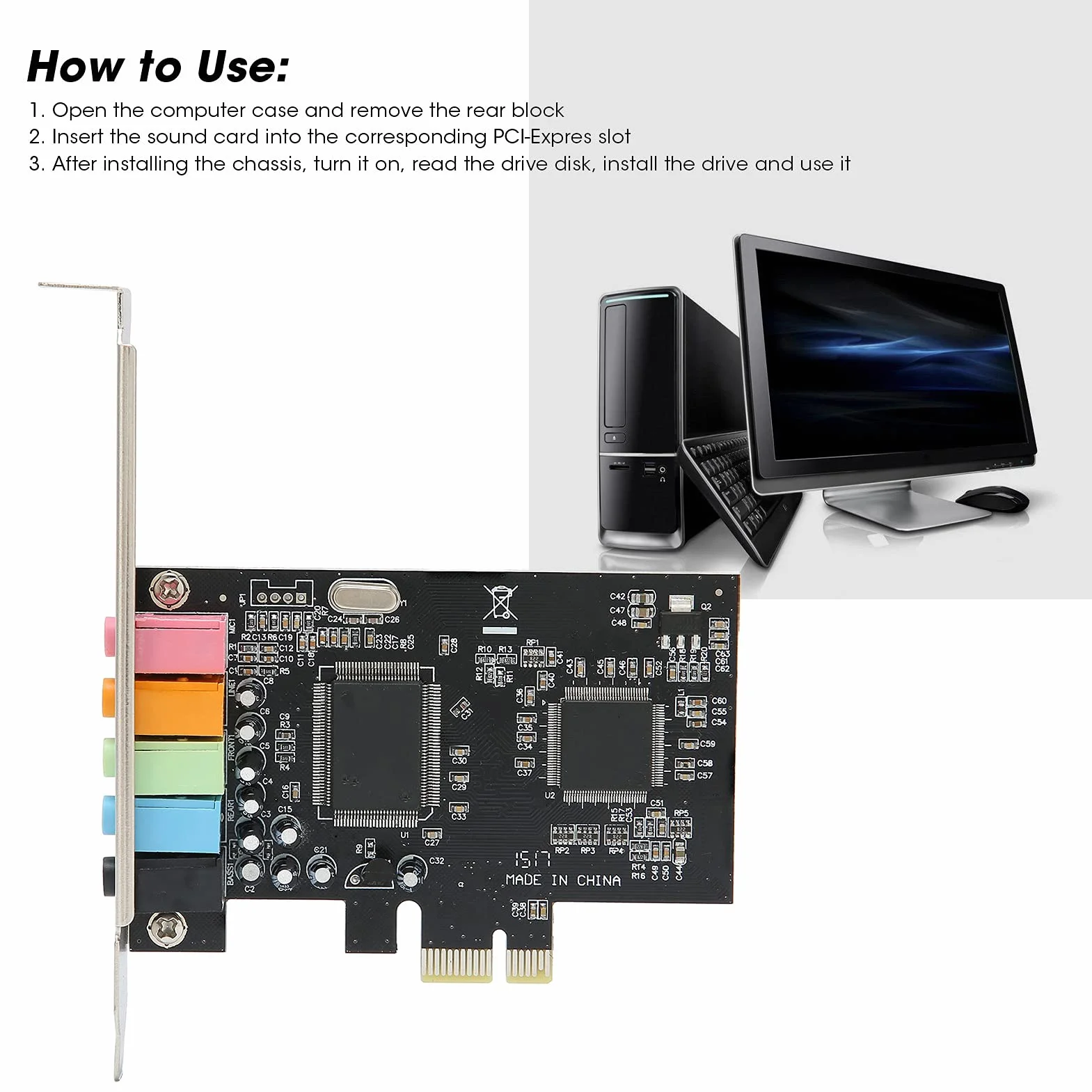 Scheda Audio Stereo PCI-E 5.1, Scheda Audio Desktop, Hardware di Conversione del Segnale Audio Desktop Stereo a 6 Canali con CD Driver, Chip Audio Multicanale CMI8738 5.1, Adatto per Home Theater, Ecc