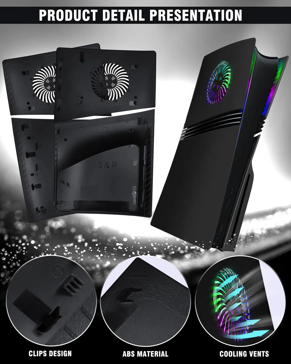 Joso Pannello frontale per PS5 Pro Disc Edition, custodia di ricambio antigraffio antipolvere con anello RGB, copertura adatta per PS5 Pro (CD-ROM), piastre per accessori PS5 Pro, nero