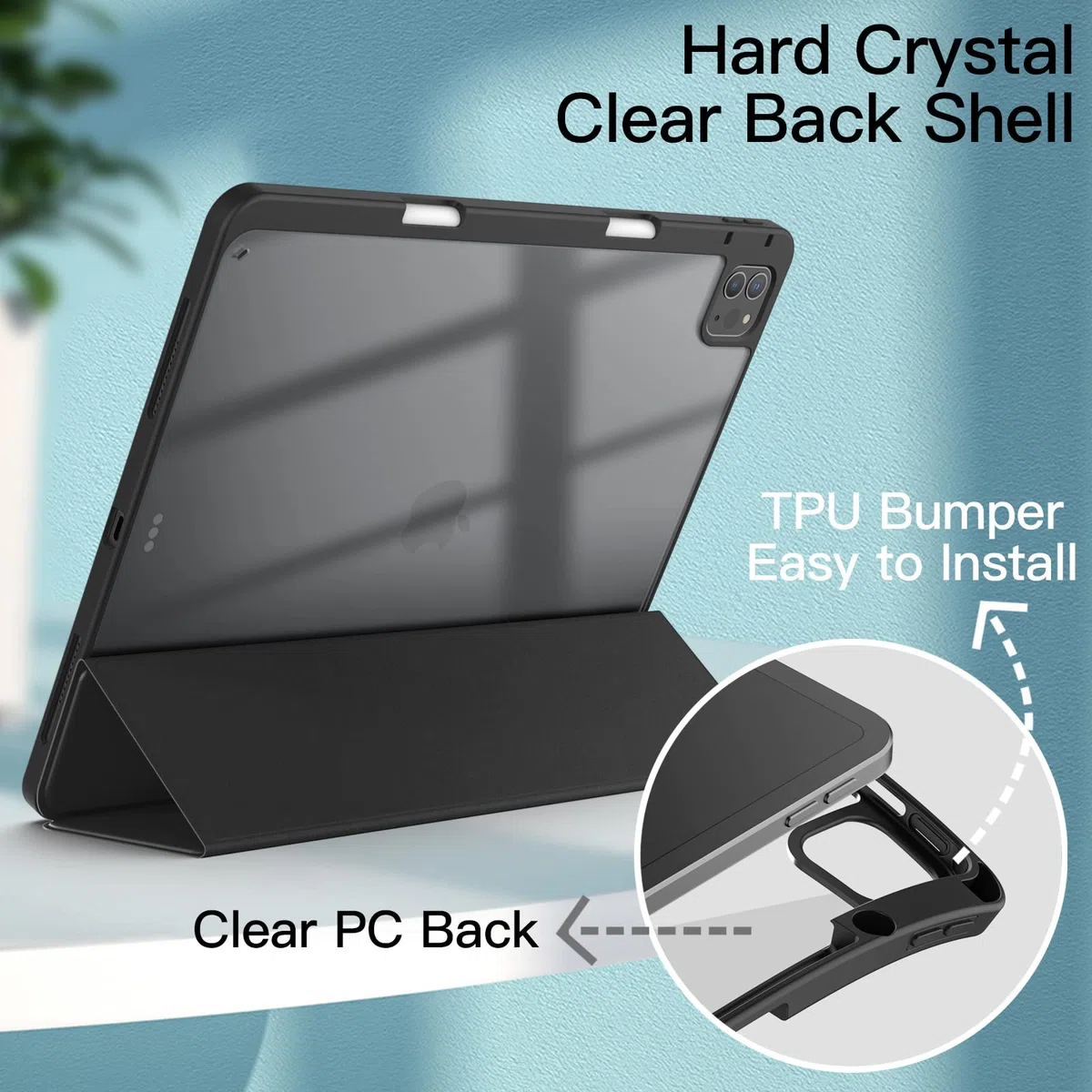 JETech Custodia per iPad Pro 12,9 Pollici (2022/2021/2020/2018) con Portapenne, Posteriore Chiaro Trasparente Supporto Sottile per Tablet Cover Antiurto (Nero)