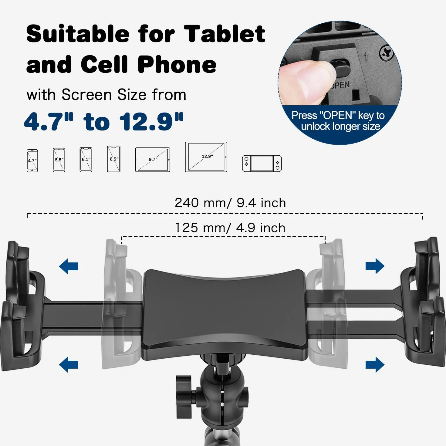 Supporto Tablet Auto, Regolabile a 360° Supporto per iPad Girevole, Stabile e Lavabile, Ventosa in TPU, Per Parete, Auto, Compatibile Con iPad Pro, iPhone, Tablet e telefoni da 4,7-12,9”