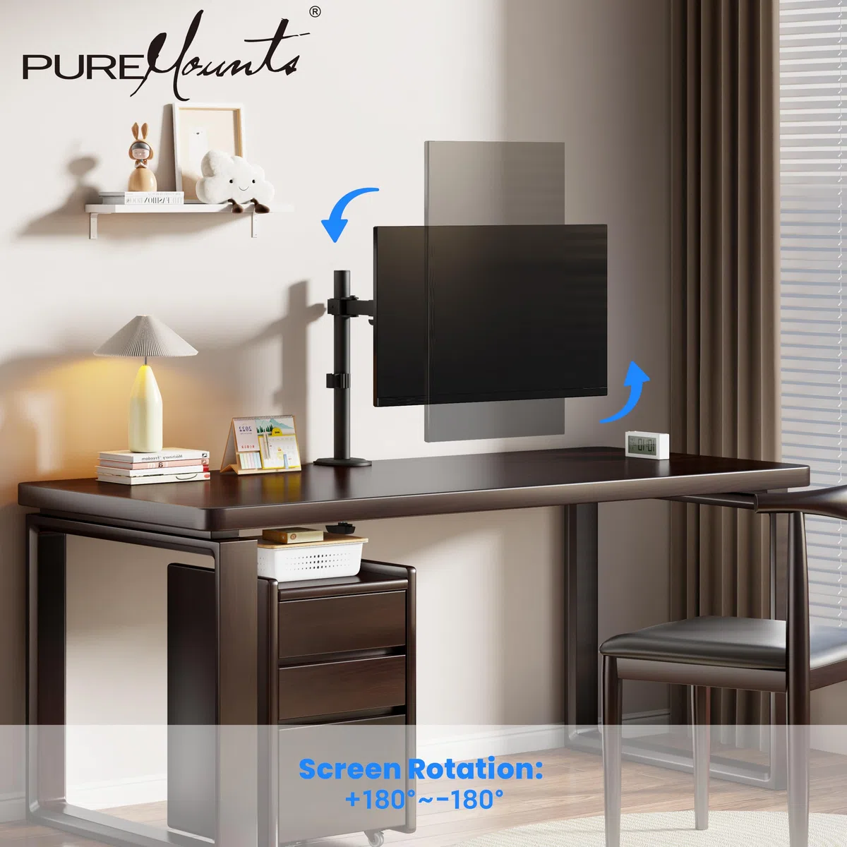 PureMounts supporto per monitor, per 1 schermo, 17 a 32 pollici, regolabile in altezza, inclinabile di +45°/-45°, orientabile con braccio girevole di 90°/-90°, VESA 100, supporto da tavolo, nero