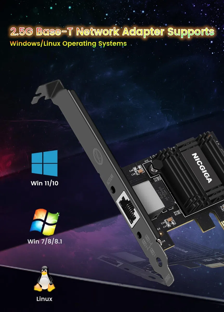 NICGIGA 2.5G Base-T PCIe Network Adapter, Realtek RTL8125B 2.5Gbps/1Gbps/100Mbps PCI Express Gigabit Network Card Convert to Ethernet RJ45 LAN Port for Gaming/Office, Support Windows/Linux