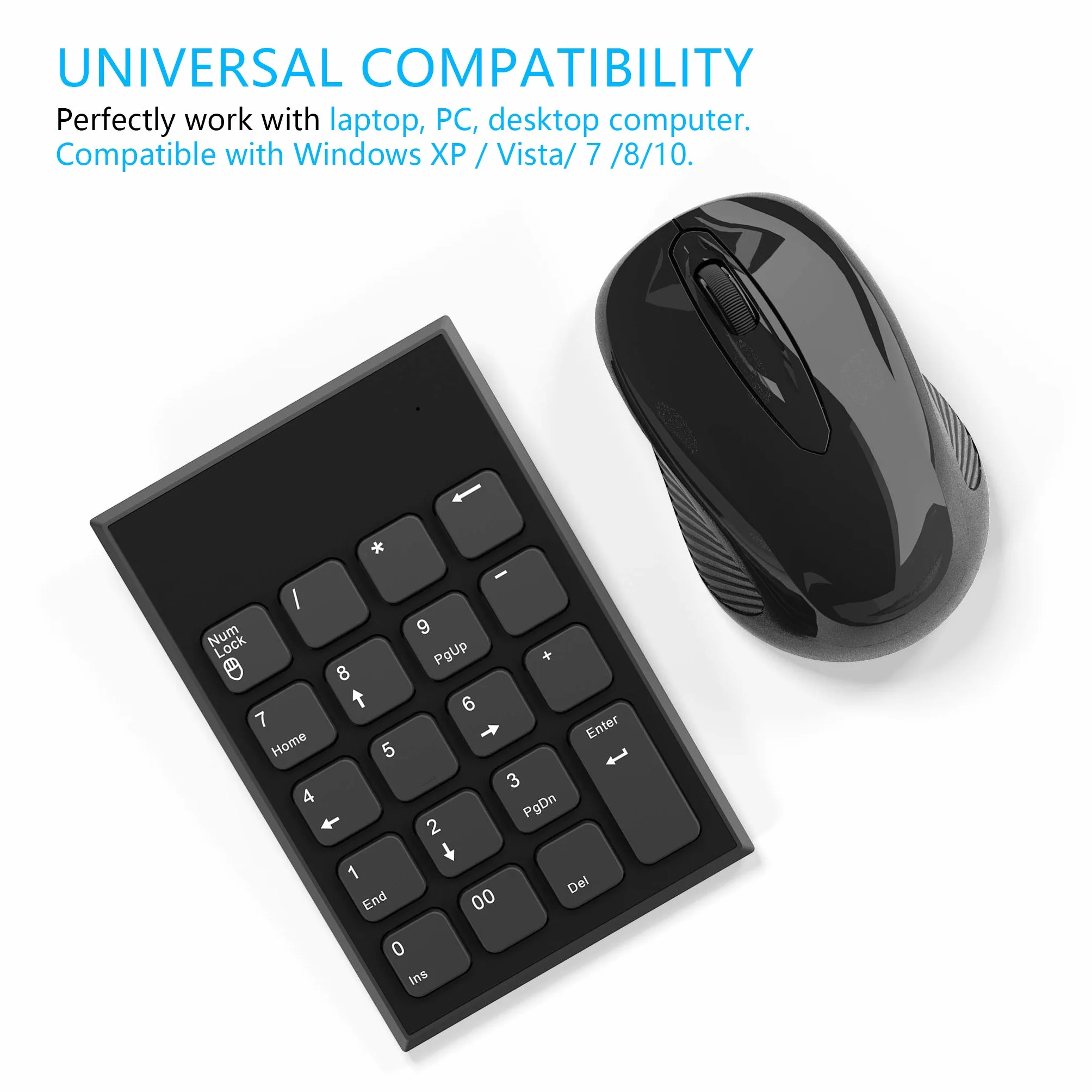 Wireless Tastierino Numerico e Mouse Combinazione, Yeemie Pro 2.4G Tastierino Numerico USB Ultra Sottile Portatile e Mouse per Laptop, Notebook, Desktop, Computer PC - Solo un Ricevitore USB