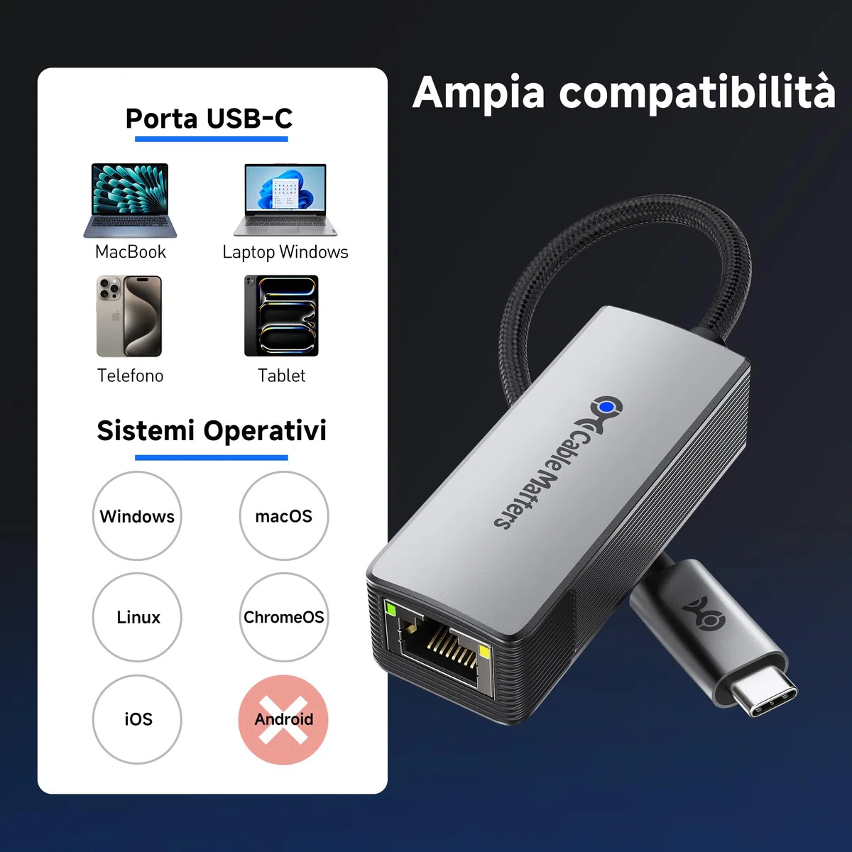 Cable Matters Adattatore USB-C a Ethernet 10Gb in alluminio | E USB4 / Thunderbolt 5 a RJ45, Silenzioso e fresco, Reale Geschwindigkeit: Circa Windows / circa macOS