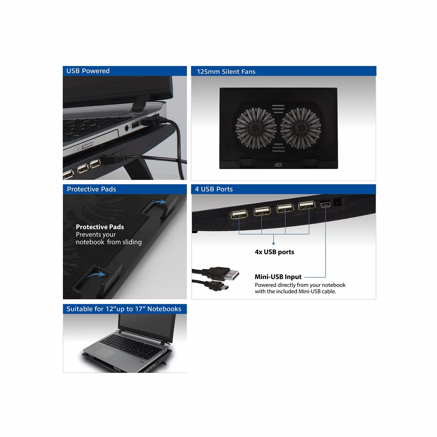ACT Supporto di raffreddamento per laptop da 17", regolabile in altezza (2 posizioni ergonomiche), 2 ventole silenziose per l'ufficio, hub USB a 4 porte - AC8105