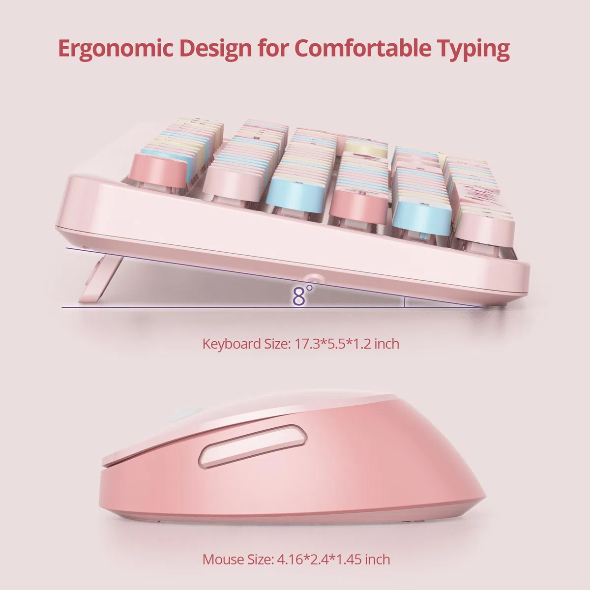 SOLIDEE Combo Tastiera e Mouse Wireless,tastiera macchina da scrivere retro,Tastiera per Computer con Tasti Rotondi 2.4GHz con Tastierino Numerico,Tastiera a 104 Tasti(Americana QWERTY)(Mixed Pink)