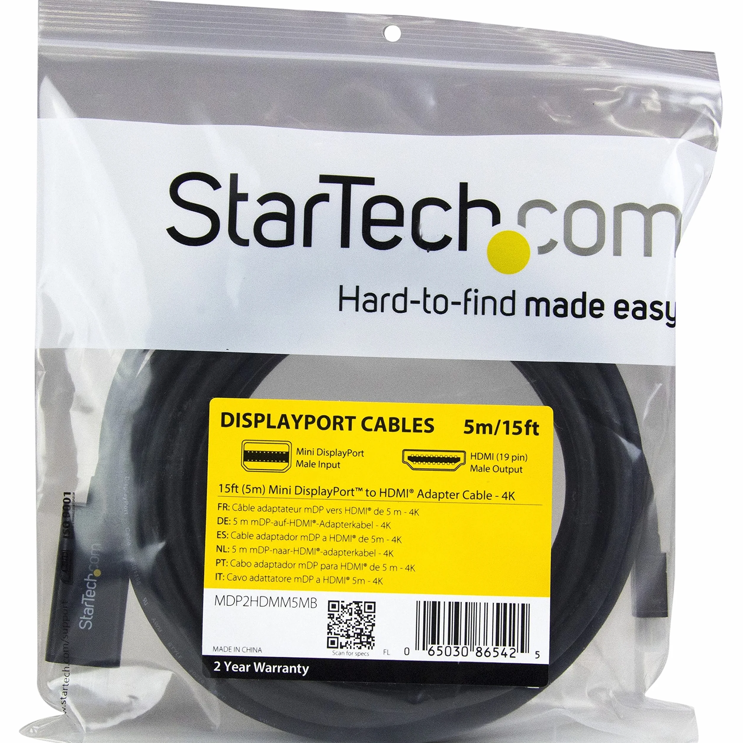 StarTech.com Cavo da Mini DisplayPort a HDMI da 5 m - Video 4K 30Hz - Cavo adattatore da mDP a HDMI - Mini DP o Thunderbolt 1/2 da Mac/PC a monitor/display HDMI - (MDP2HDMM5MB)