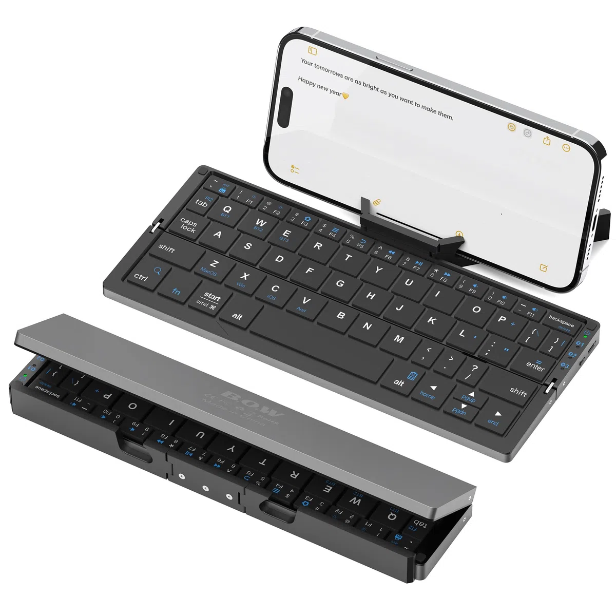Tastiera Bluetooth Pieghevole QWERTY Silenziosa con Supporto Magnetico, Mini Tastiera Wireless Ricaricabile in Alluminio per iPad, Tablet, Smartphone, Laptop（Nero）