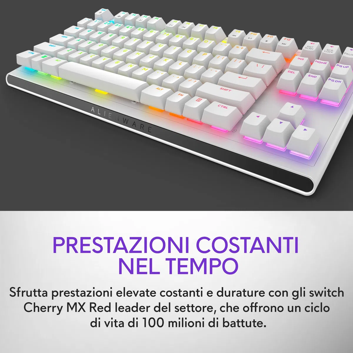 Alienware AW420K Tastiera Gaming senza Tastierino Numerico, Design Compatto, Switch CHERRY MX Red, USB, Anti-Ghosting, N-Key Rollover, Retroilluminazione AlienFX RGB, Tastiera Italiana - Lunar Light