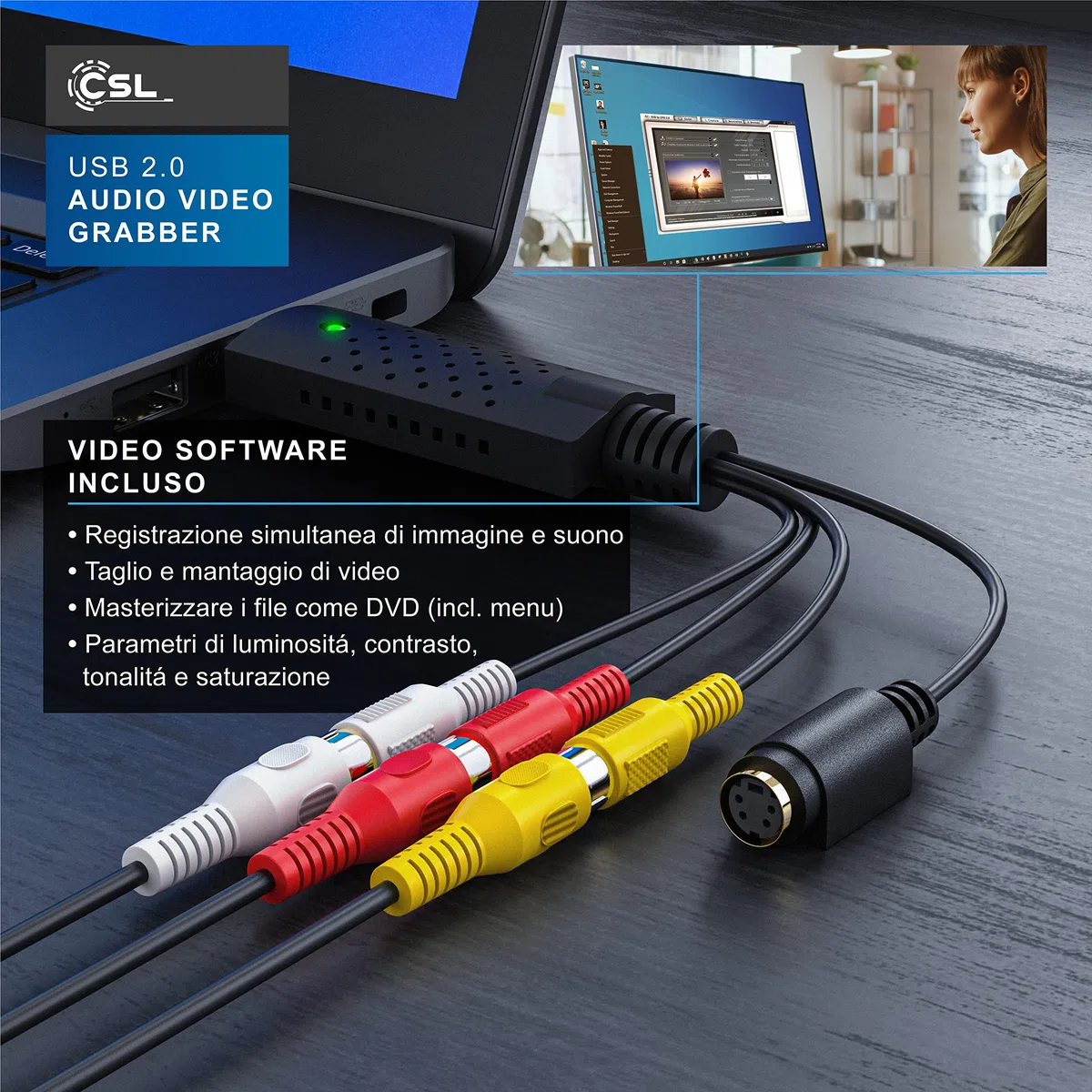 CSL - Grabber Video - Scheda di acquisizione Video USB - Convertitore Analogico Digitale Acquisizione - Nuovo Software - Compatibile con Windows 11