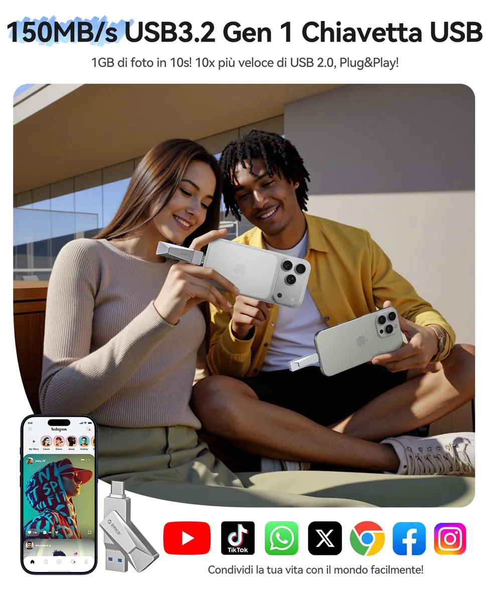 ORICO Chiavetta USB 128 GB USB 3.2 Memory Stick OTG fino a 150 MB/s 2 in 1 Tipo C Flash Drive in metallo per iPhone 17/16/15/Smartphone Android/Tablet/Mac/Laptop/PC, Argento, CB05