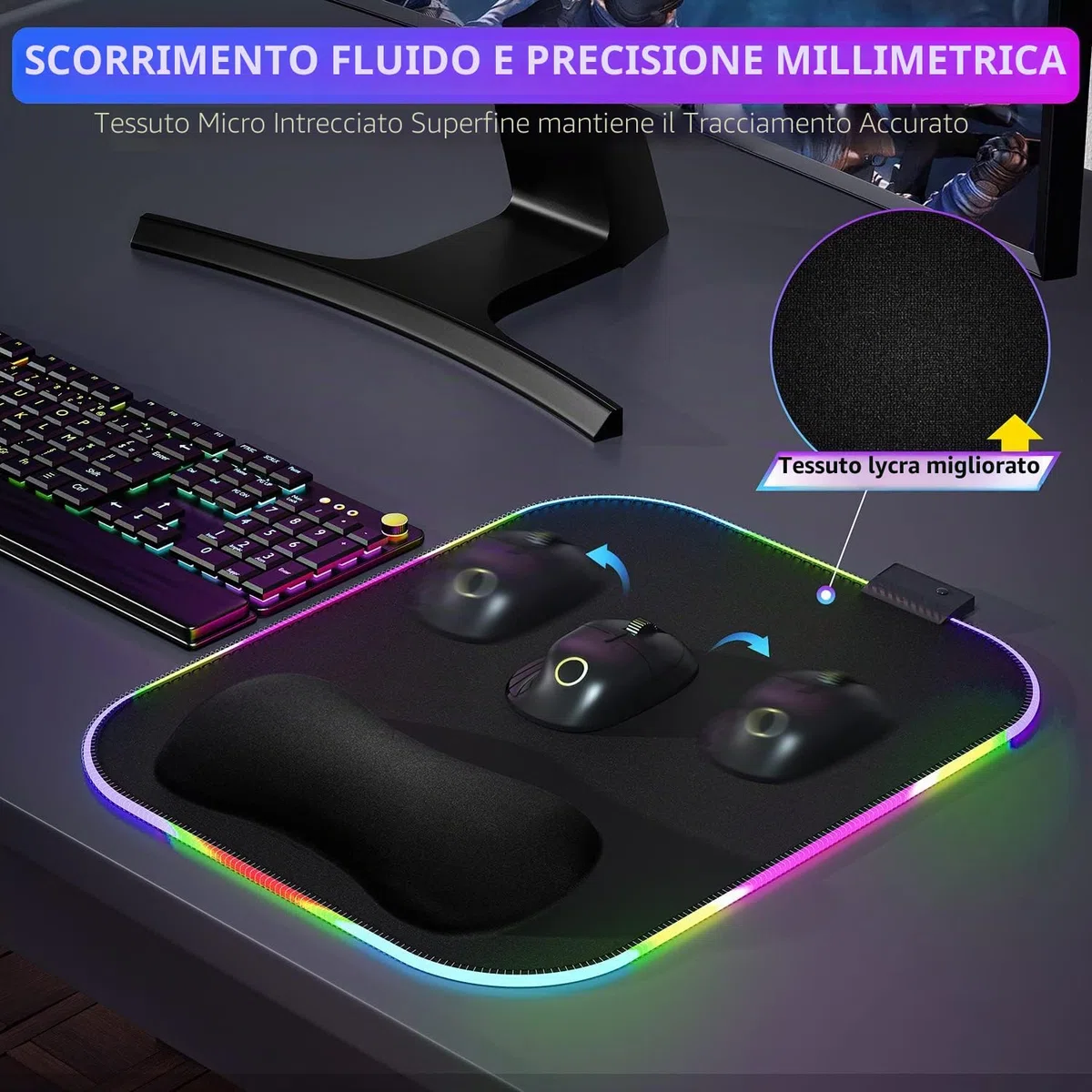 Gimars Tappetino Mouse RGB Poggiapolsi, 10 Modalità LED, 304x254mm Mouse Pad XL Ergonomico, Poggiapolsi Mouse Gaming Base in Gomma Antiscivolo, Tessuto in Lycra per Laptop, PC, Ufficio