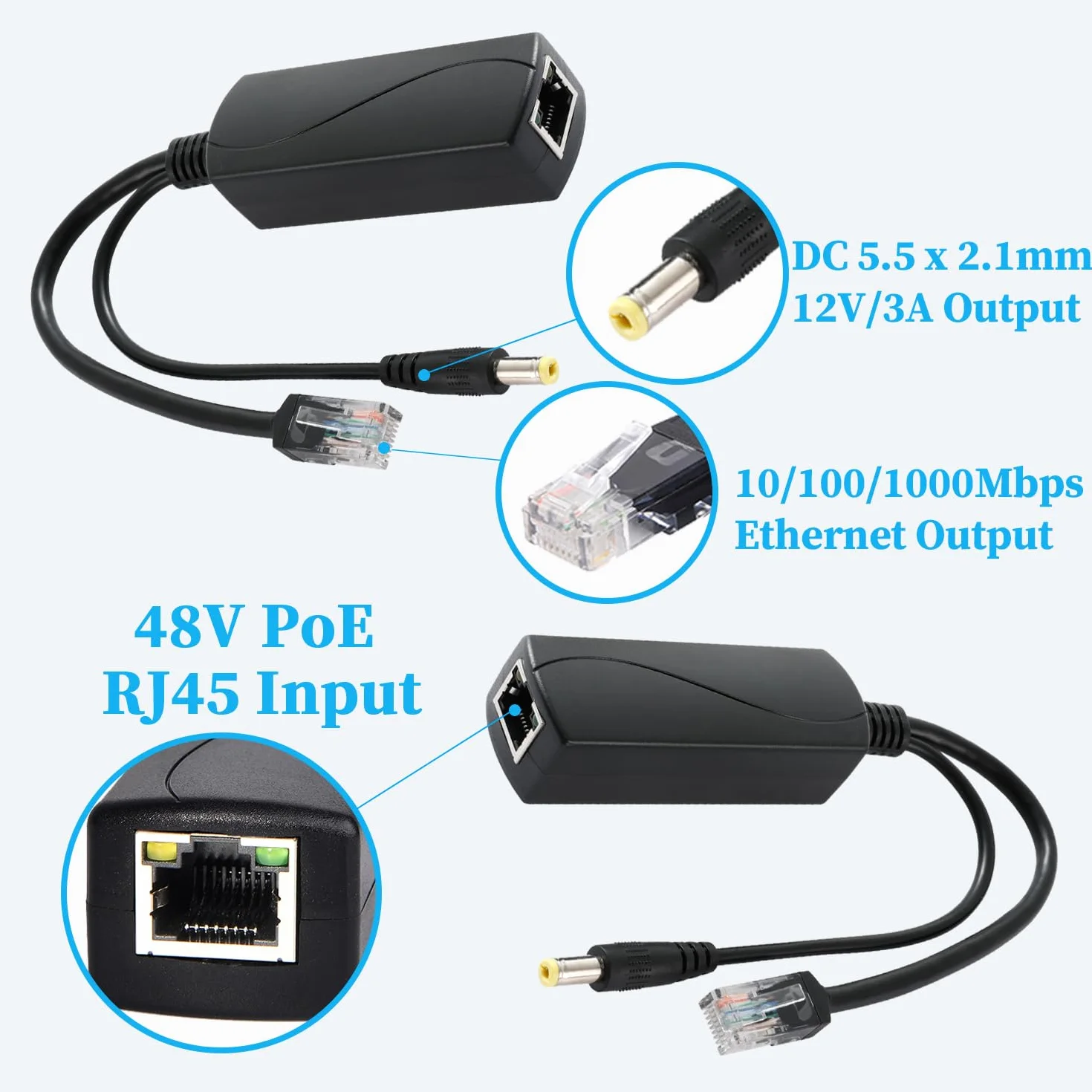 2.5G PoE Splitter 36W 12V/3A, Connettore DC 5.5 * 2.1mm, Conversione da PoE a Uscita DC 12V/3A, 2.5Gbps Ethernet conforme a IEEE802.3bt, plug and play (PS5712BG)