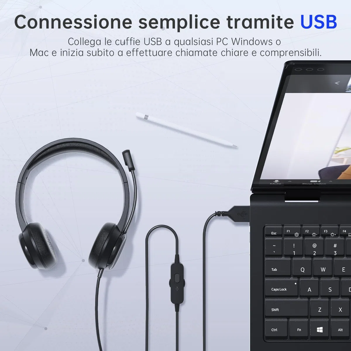 syndesmos Cuffie con Microfono per PC, Cuffie USB con Microfono a Cancellazione del Rumore, Cuffie PC per Ufficio, Computer, Portatile, Laptop, Macbook, Teams, Skype, Zoo, Cavo 1,8 m