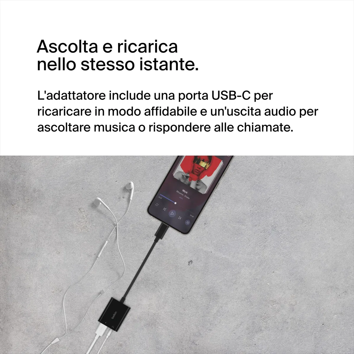 Belkin RockStar Adattatore Audio da 3.5 mm + Ricarica USB-C, Convertitore Audio USB-C Compatibile con iPad Pro 12.9'', 11, Galaxy, Pixel, OnePlus e Altri