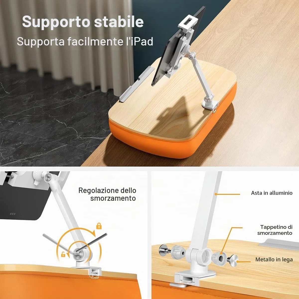 Supporto Cuscino Tablet, Porta Tablet con braccio regolabile, compatibile con iPad, Kindle, Cellulare (4,7-13"), scrivania per la lettura a mani libere a letto, sul divano (Arancione)