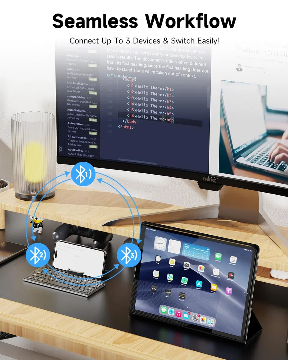 Tastiera Bluetooth Pieghevole QWERTY Silenziosa con Supporto Magnetico, Mini Tastiera Wireless Ricaricabile in Alluminio per iPad, Tablet, Smartphone, Laptop（Nero）