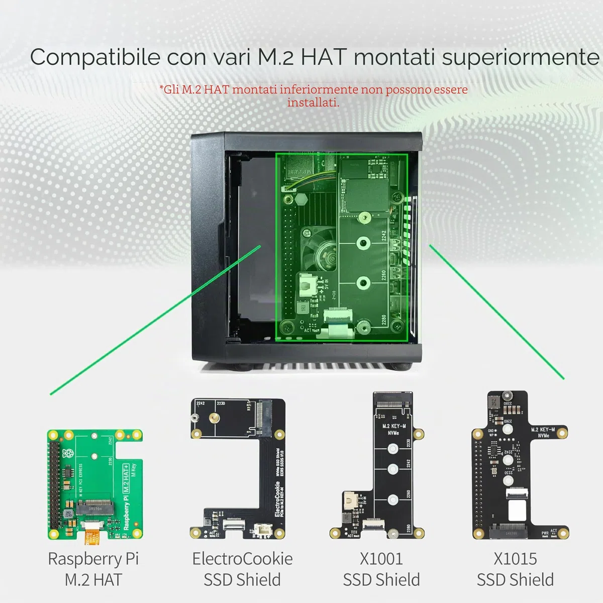 Custodia Mini PC ElectroCookie per Raspberry Pi 5 con SSD M.2 NVMe PCIe HAT e Illuminazione RGB Attiva (Custodia Nera + HAT M.2[X1001])