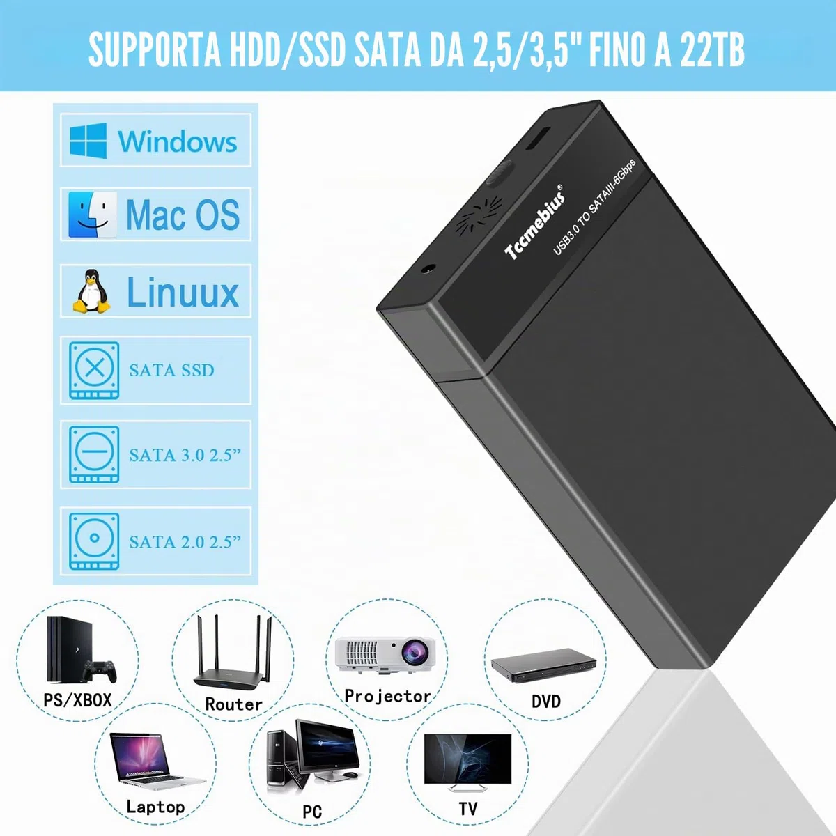 Case Esterno Disco Rigido 3,5 Hard Disk Enclosure USB 3.0 per 2,5/3,5 Pollici SATA HDD SSD Fino a 22TB, con Alimentatore 12V/3A Cavo USB A/C, Supporto UASP Funzione Sonno Automatica (TCC-S8)